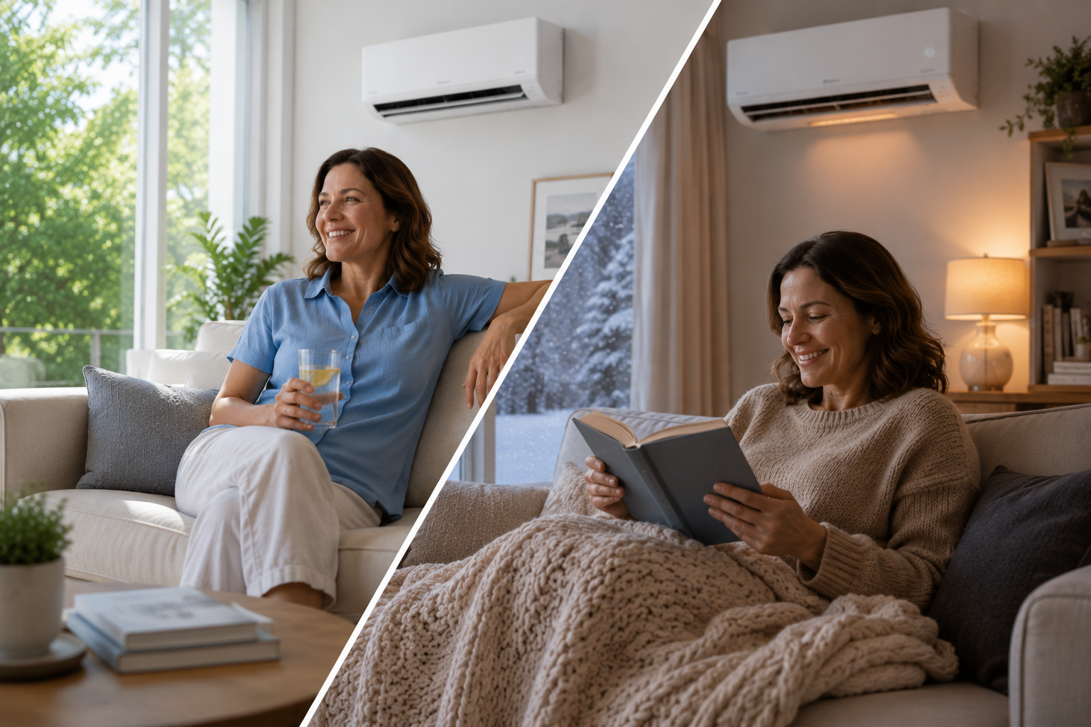 Cools in summer, heats in winter